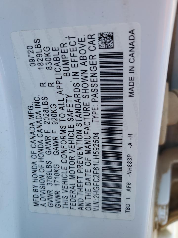 2020 Honda Civic Lx VIN: 2HGFC2F61LH592504 Lot: 80552445