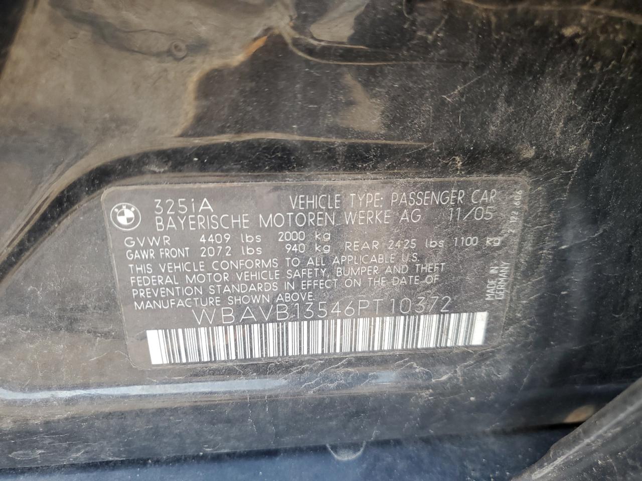 2006 BMW 325 I VIN: WBAVB13546PT10372 Lot: 81312795