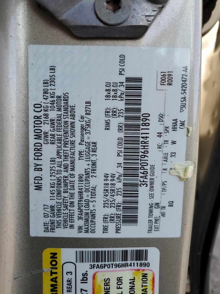 2017 Ford Fusion Se VIN: 3FA6P0T96HR411890 Lot: 80711565