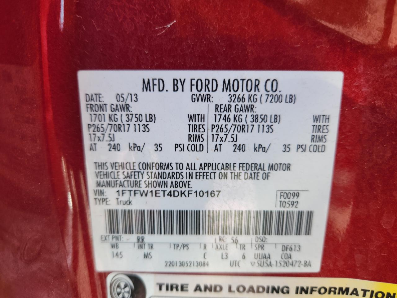 2013 Ford F150 Supercrew VIN: 1FTFW1ET4DKF10167 Lot: 84352985