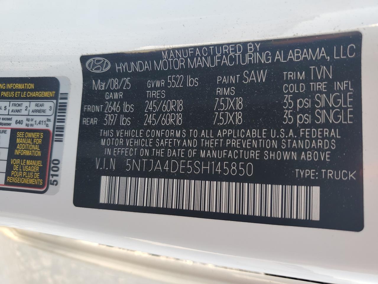 2025 Hyundai Santa Cruz Se VIN: 5NTJA4DE5SH145850 Lot: 80810945