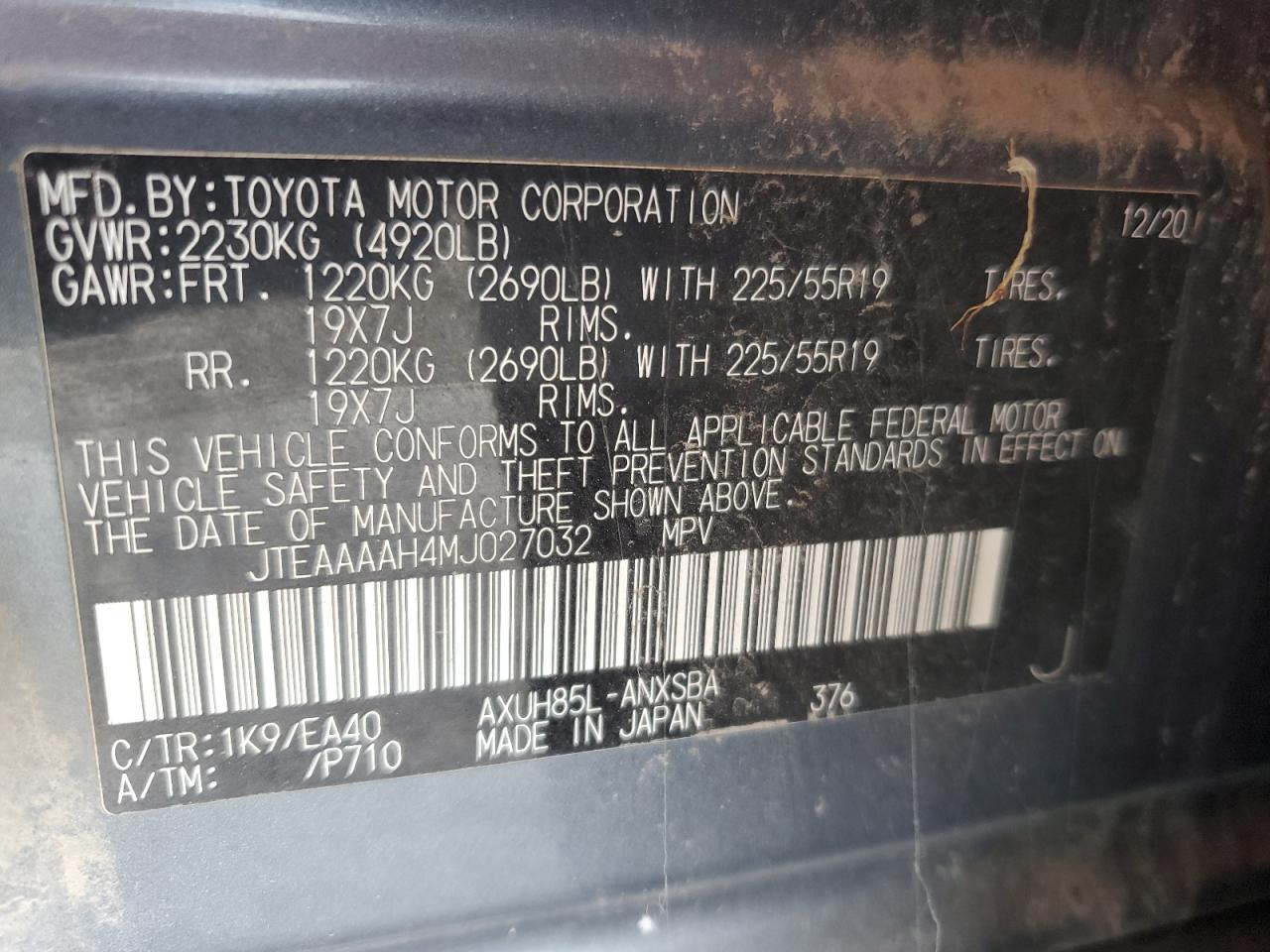 2021 Toyota Venza Le VIN: JTEAAAAH4MJ027032 Lot: 81816885