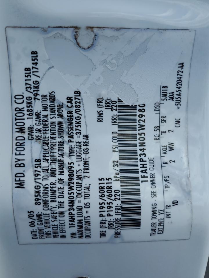 2005 Ford Focus Zx4 VIN: 1FAHP34N05W298095 Lot: 82097675