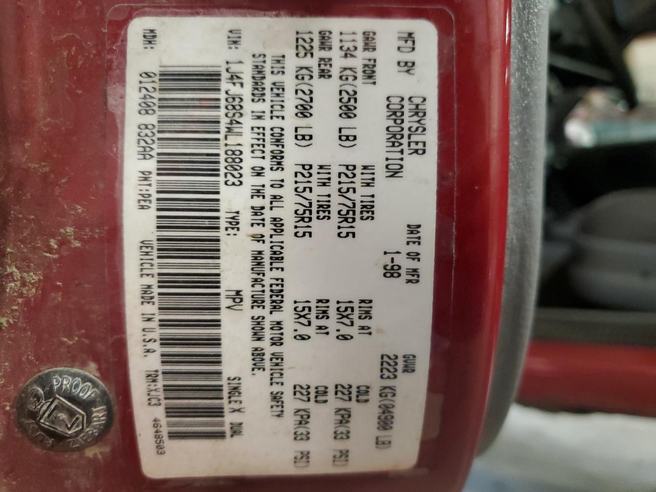 1998 Jeep Cherokee Sport VIN: 1J4FJ68S4WL188023 Lot: 80347345