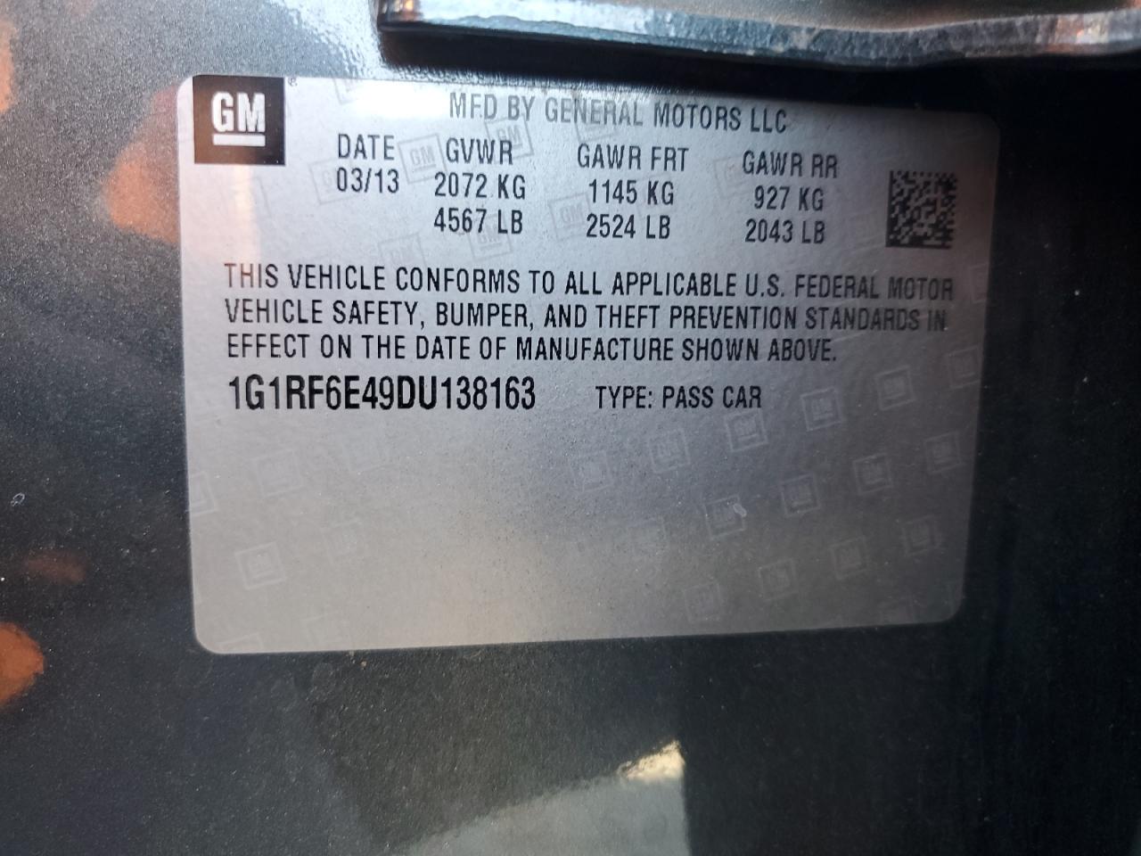 2013 Chevrolet Volt VIN: 1G1RF6E49DU138163 Lot: 81027405