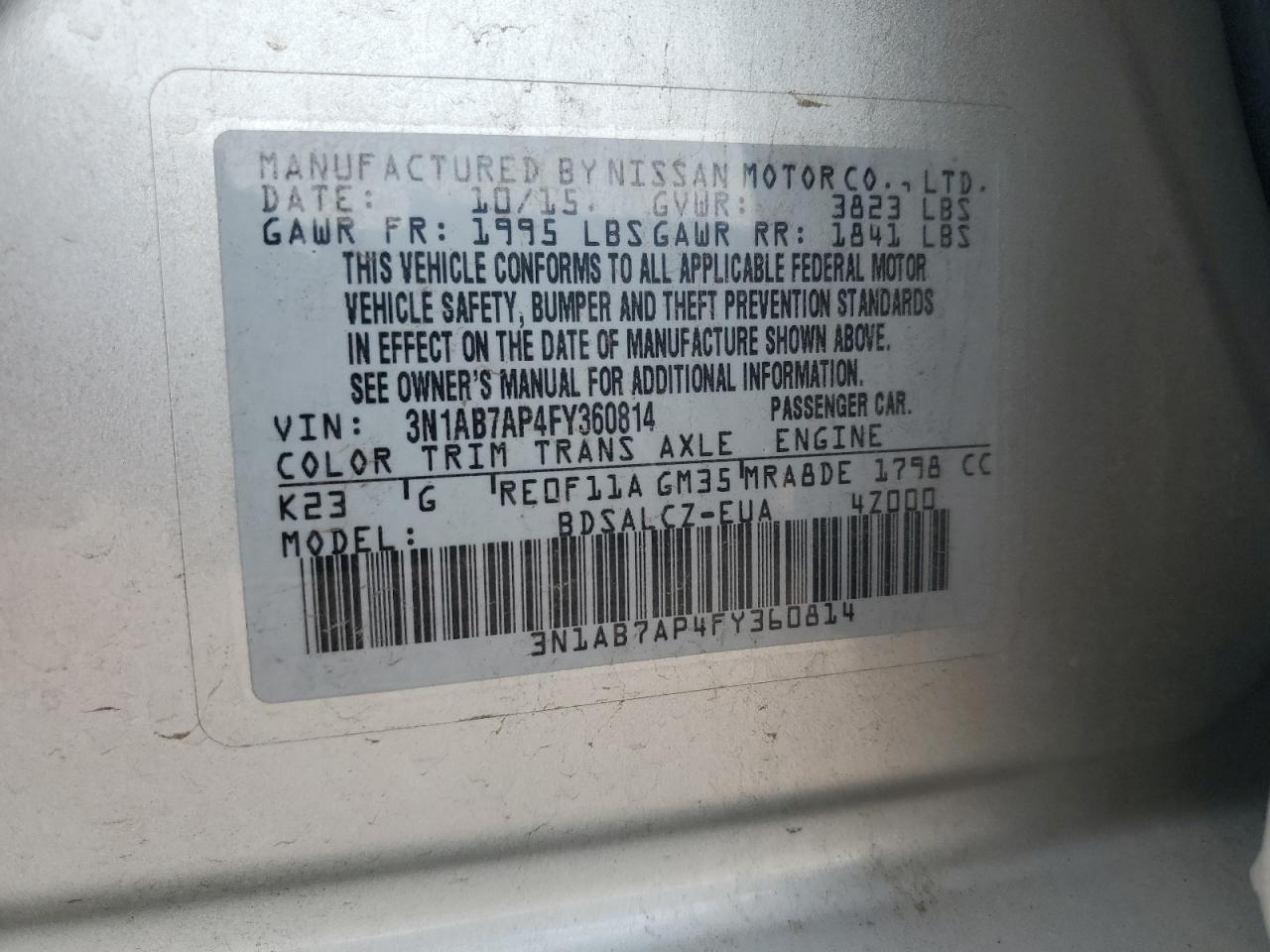 2015 Nissan Sentra S VIN: 3N1AB7AP4FY360814 Lot: 70956605