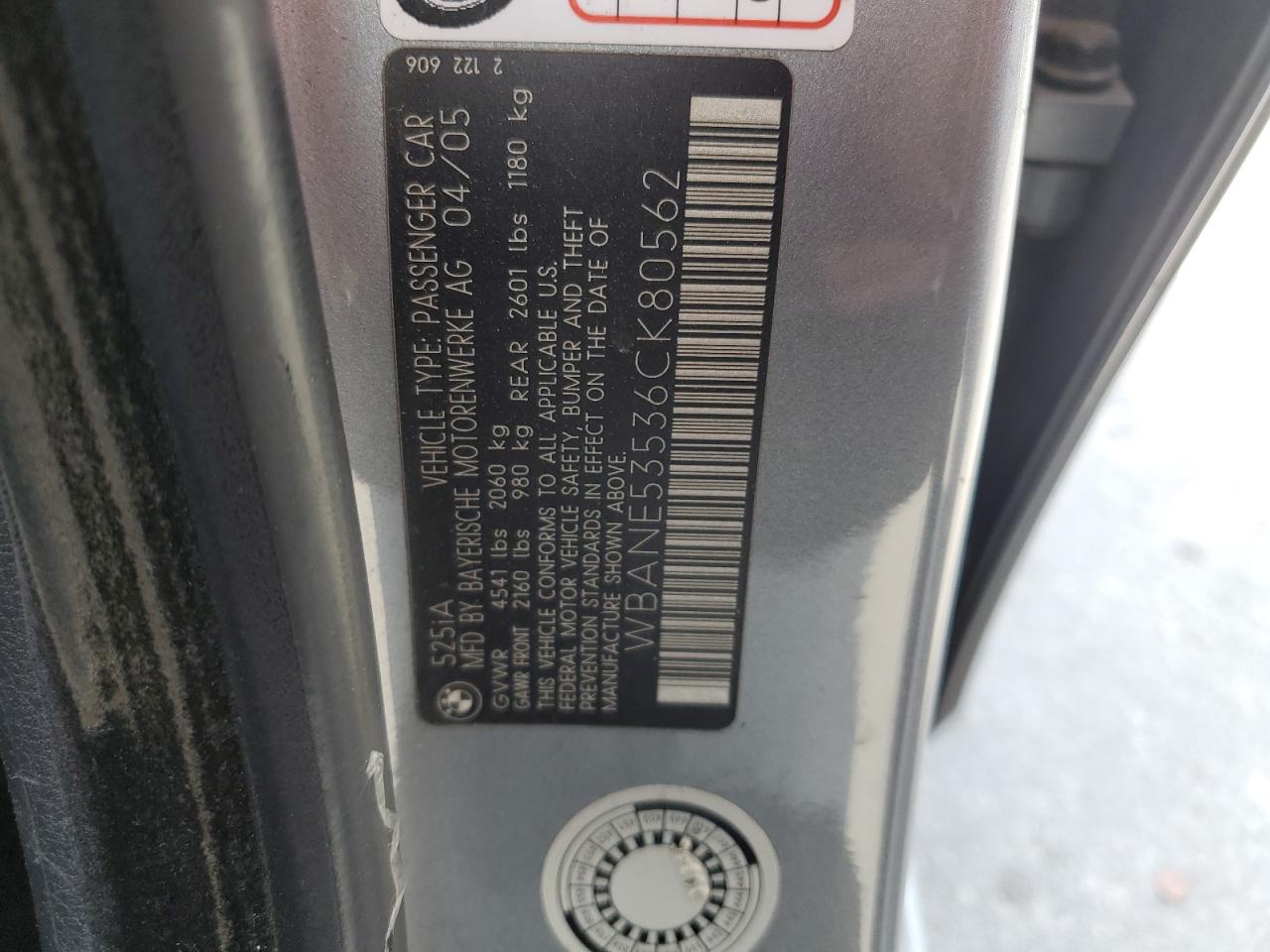 2006 BMW 525 I VIN: WBANE53536CK80562 Lot: 71004975