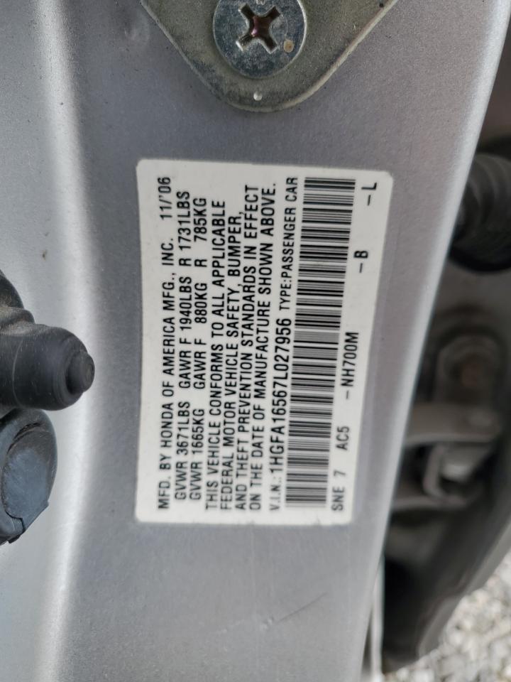 2007 Honda Civic Lx VIN: 1HGFA16567L027956 Lot: 71163735