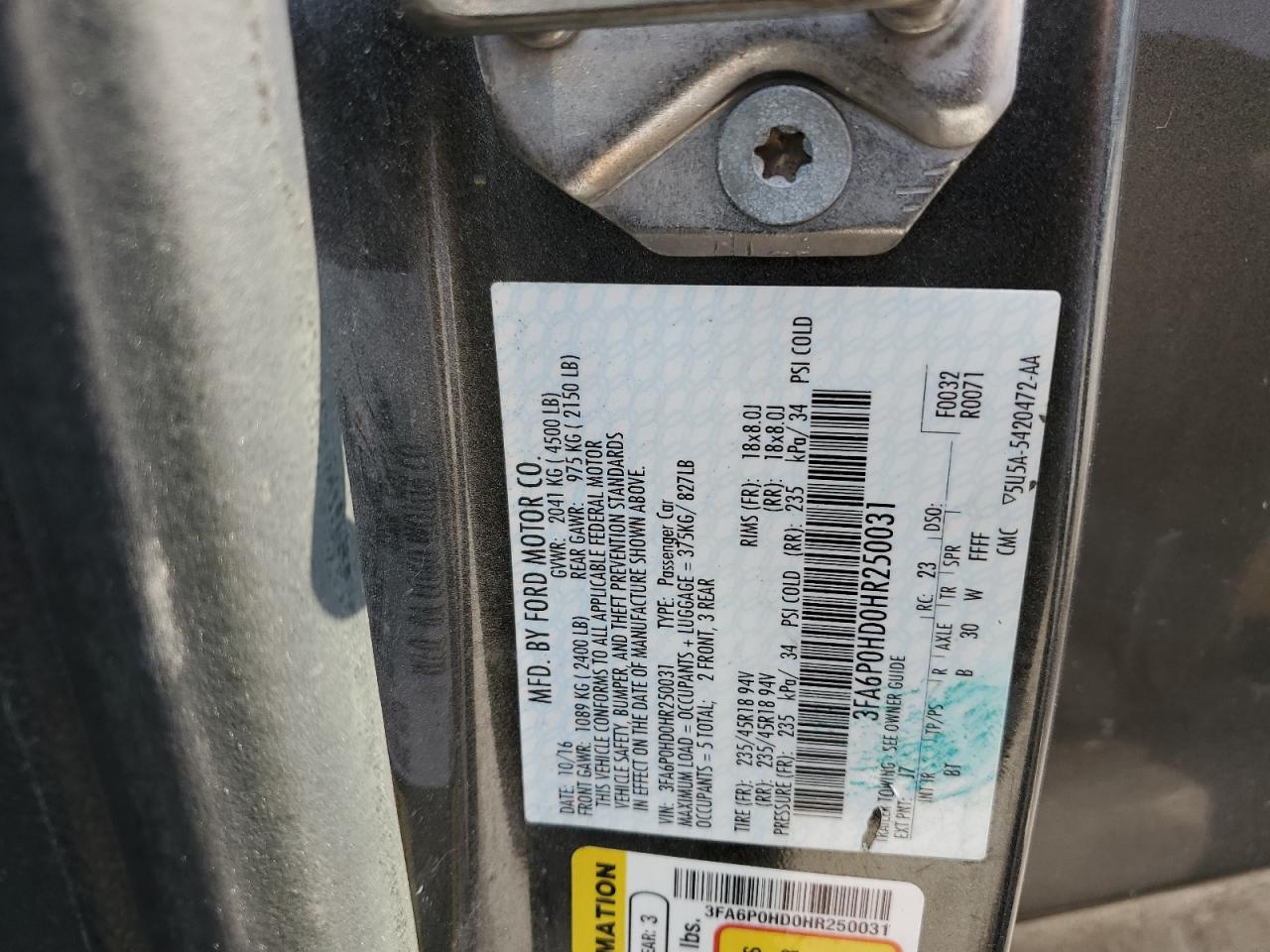 2017 Ford Fusion Se VIN: 3FA6P0HD0HR250031 Lot: 81276125