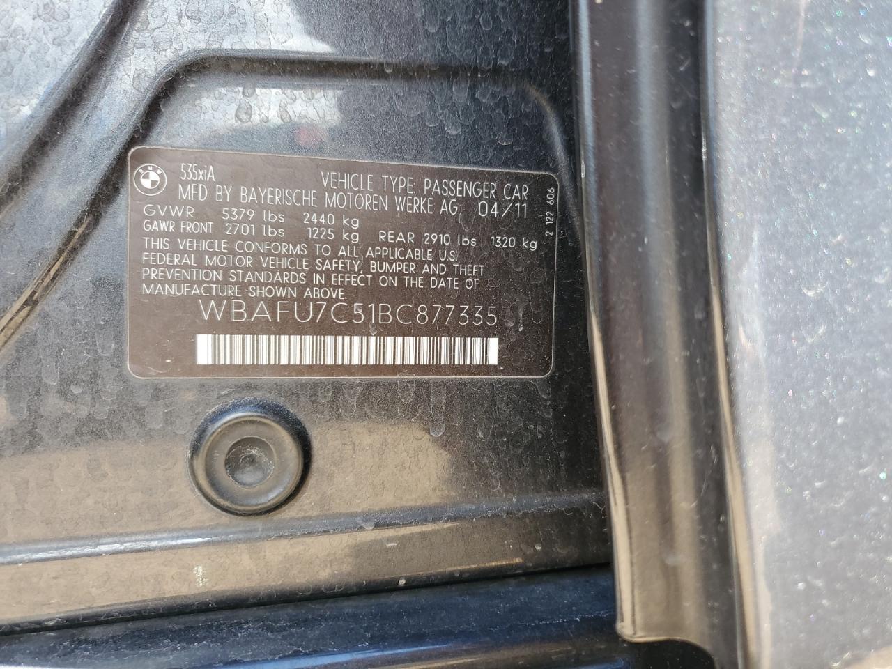 2011 BMW 535 Xi VIN: WBAFU7C51BC877335 Lot: 80314265