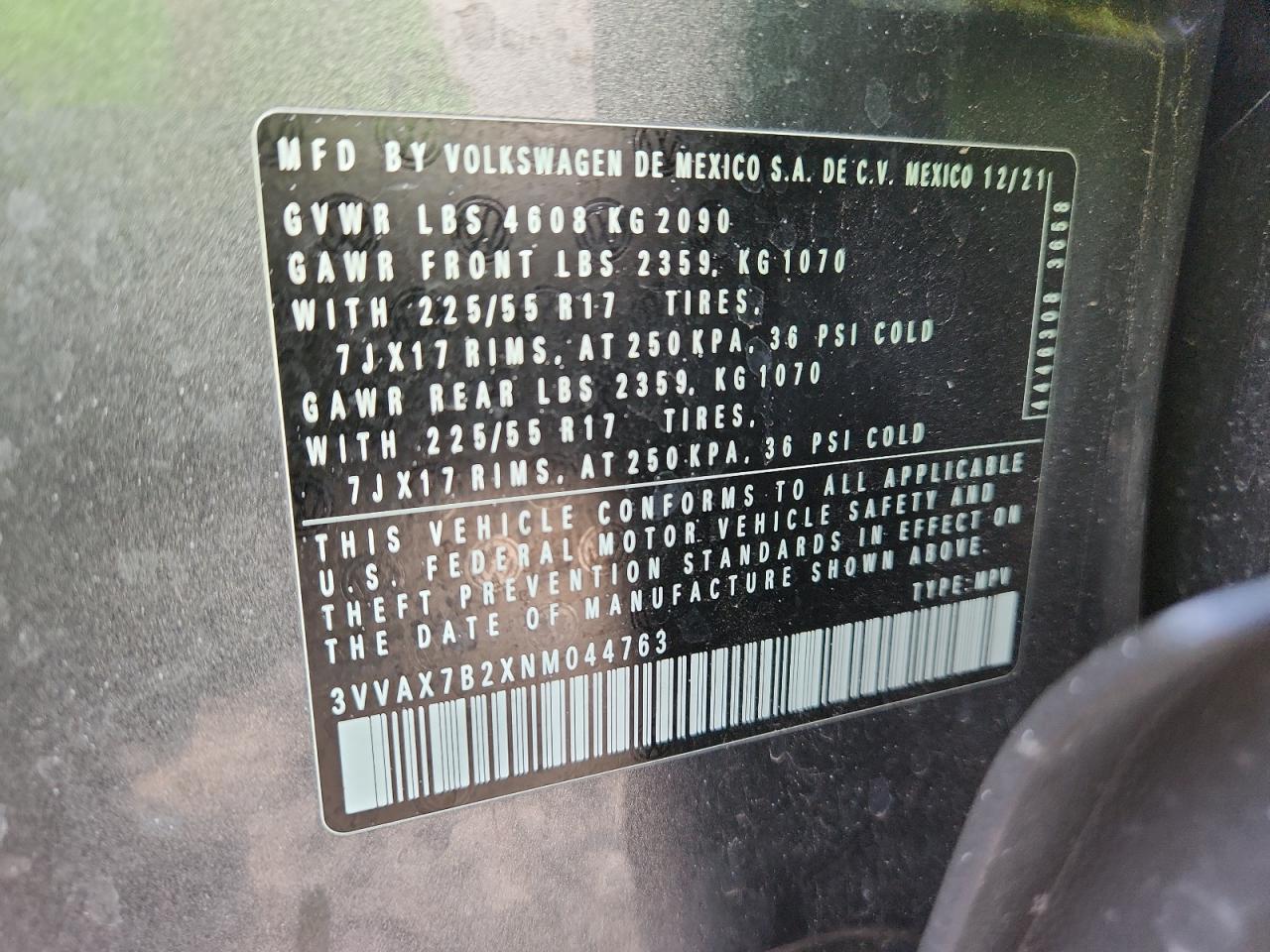 2022 Volkswagen Taos S VIN: 3VVAX7B2XNM044763 Lot: 80859705