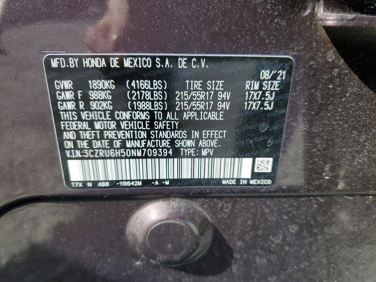 2022 Honda Hr-V Ex VIN: 3CZRU6H50NM709394 Lot: 70715375