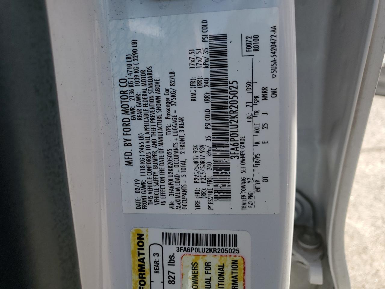 2019 Ford Fusion Se VIN: 3FA6P0LU2KR205025 Lot: 71165405