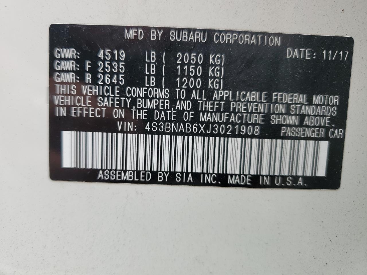 2018 Subaru Legacy 2.5I VIN: 4S3BNAB6XJ3021908 Lot: 81795135