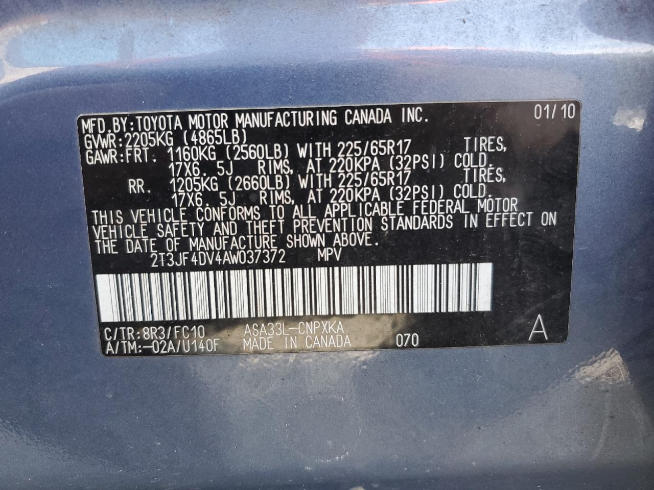 2010 Toyota Rav4 VIN: 2T3JF4DV4AW037372 Lot: 80480645