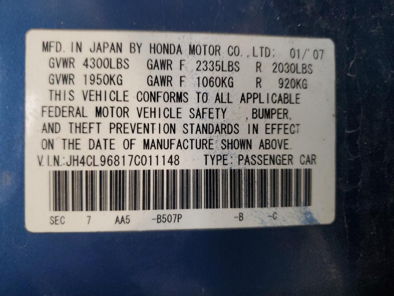 2007 Acura Tsx VIN: JH4CL96817C011148 Lot: 81524635