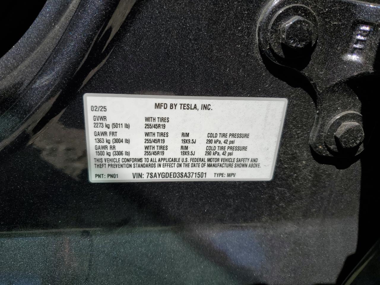 2025 Tesla Model Y VIN: 7SAYGDED3SA371501 Lot: 82126635