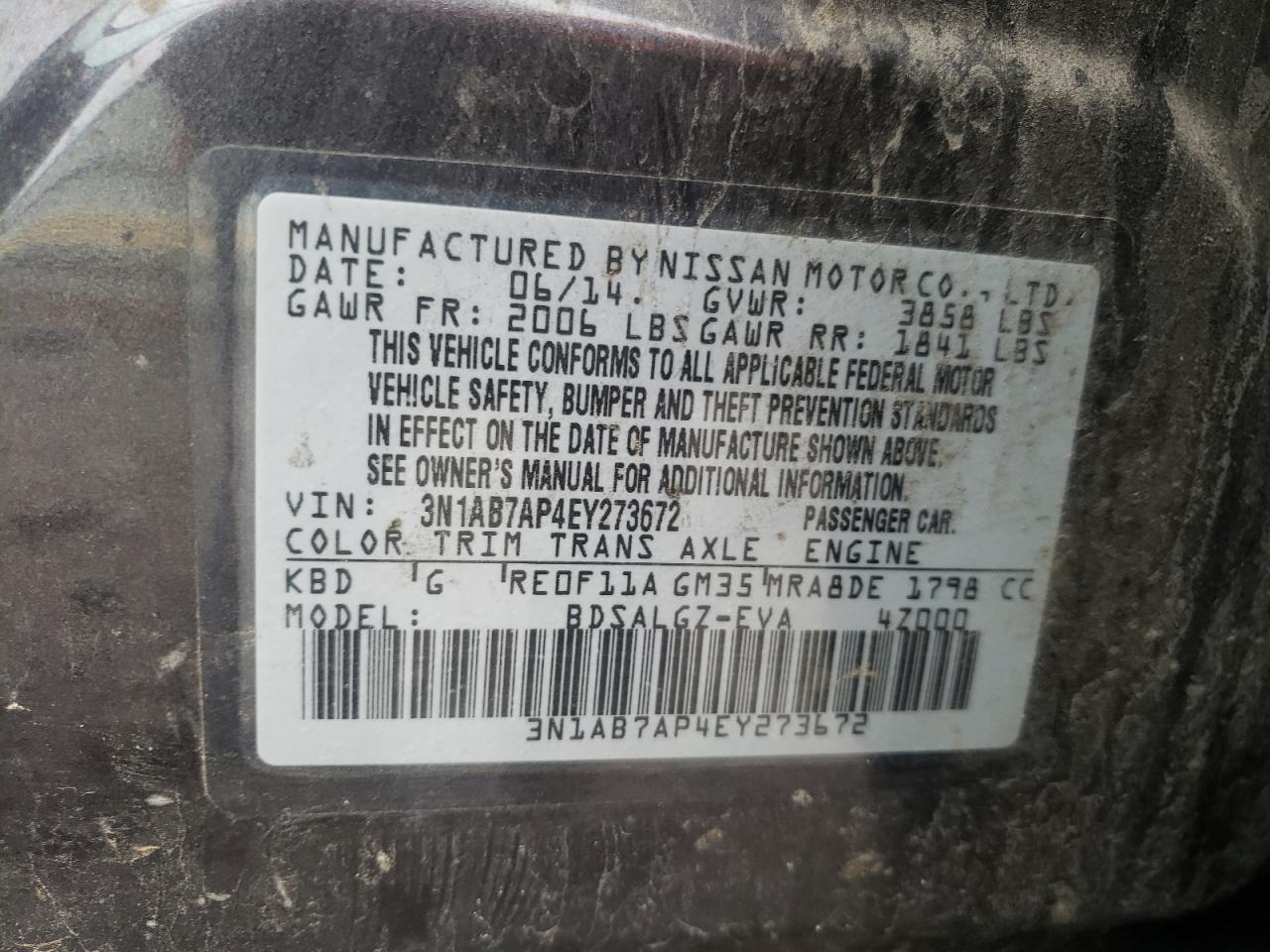 2014 Nissan Sentra S VIN: 3N1AB7AP4EY273672 Lot: 84736085