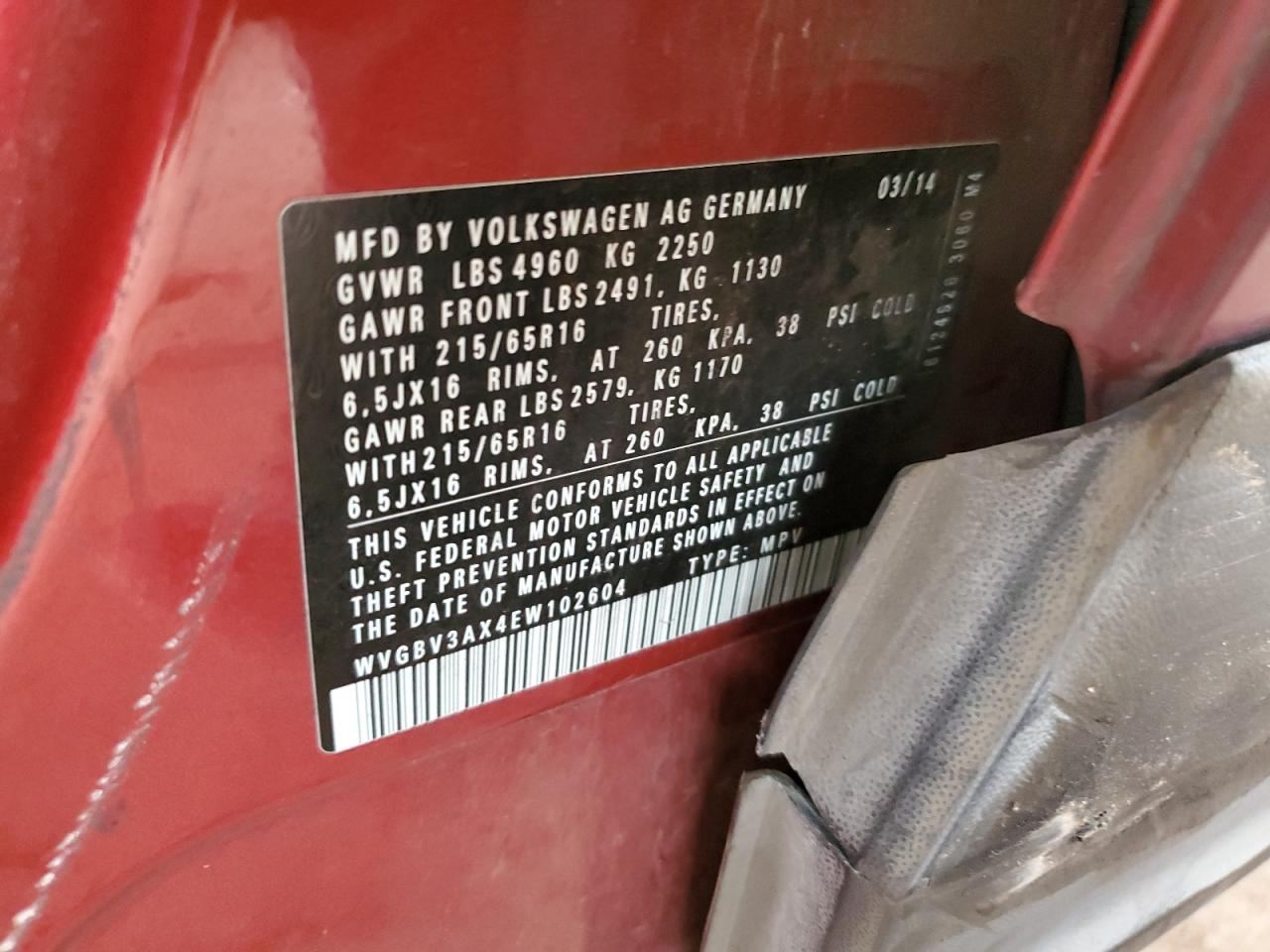 2014 Volkswagen Tiguan S VIN: WVGBV3AX4EW102604 Lot: 81348525