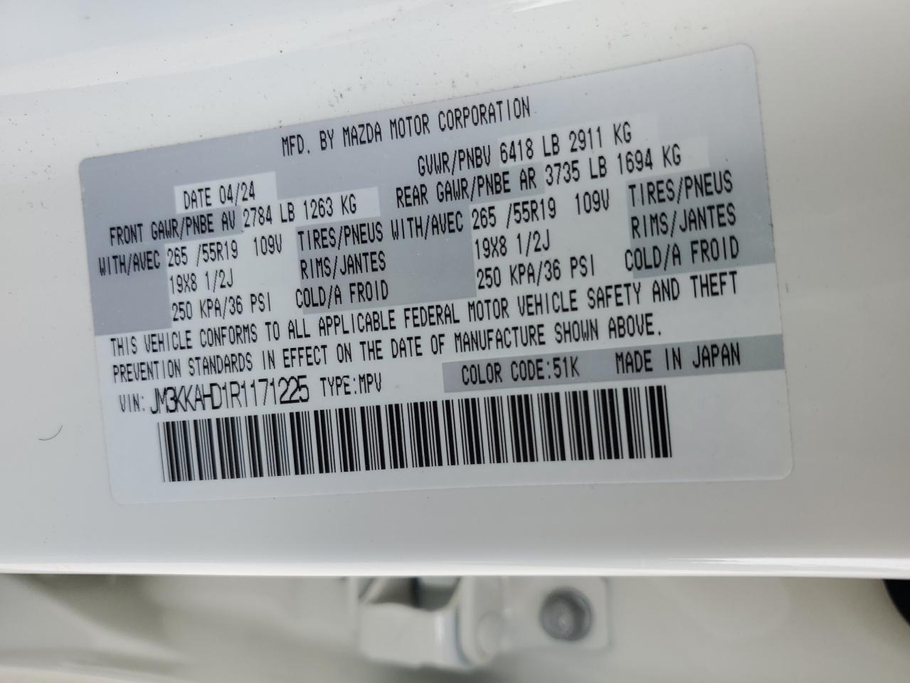 2024 Mazda Cx-90 Select VIN: JM3KKAHD1R1171225 Lot: 83979155