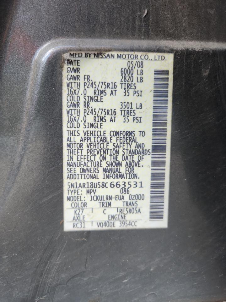 2008 Nissan Pathfinder S VIN: 5N1AR18U58C663531 Lot: 81325155