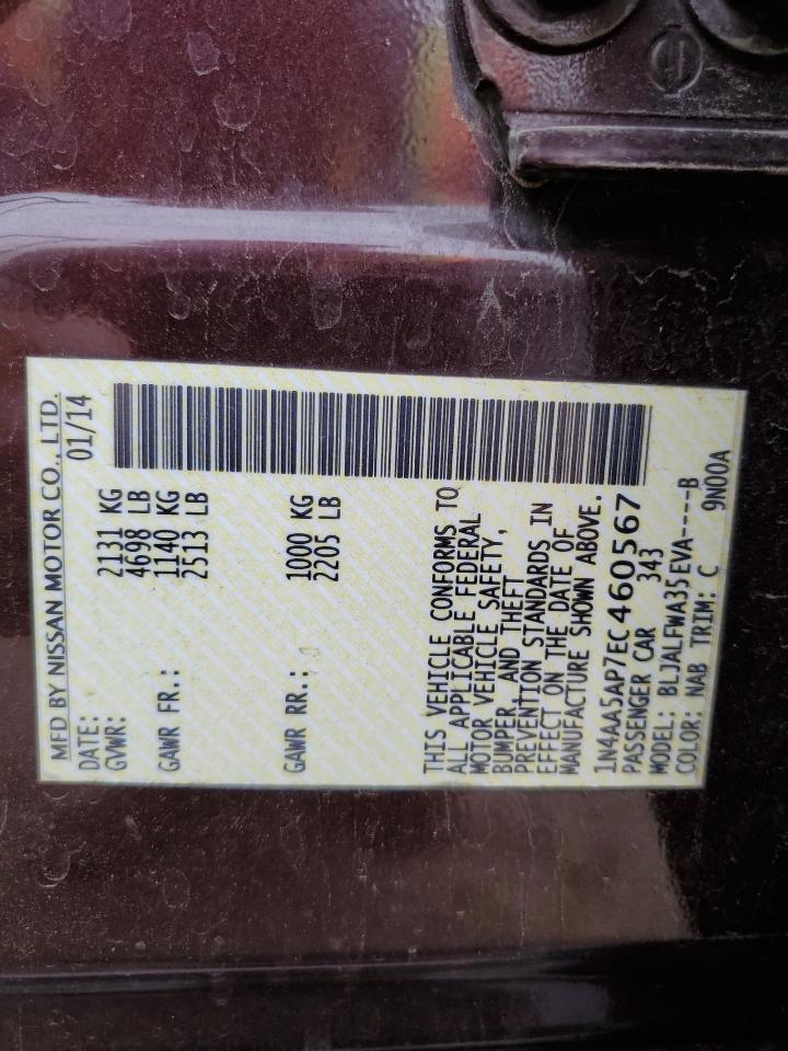 2014 Nissan Maxima S VIN: 1N4AA5AP7EC460567 Lot: 81749315