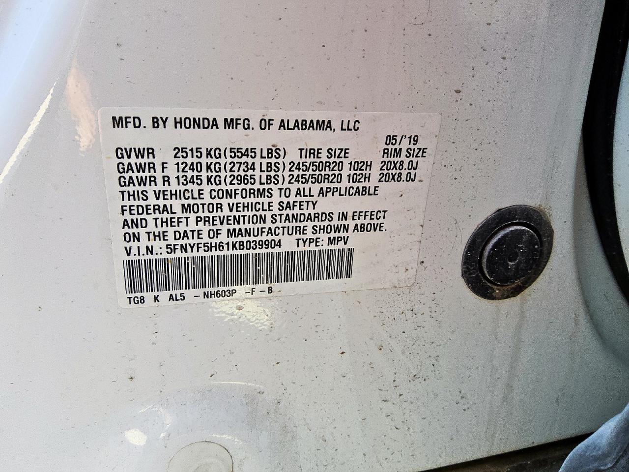 2019 Honda Pilot Touring VIN: 5FNYF5H61KB039904 Lot: 84210035