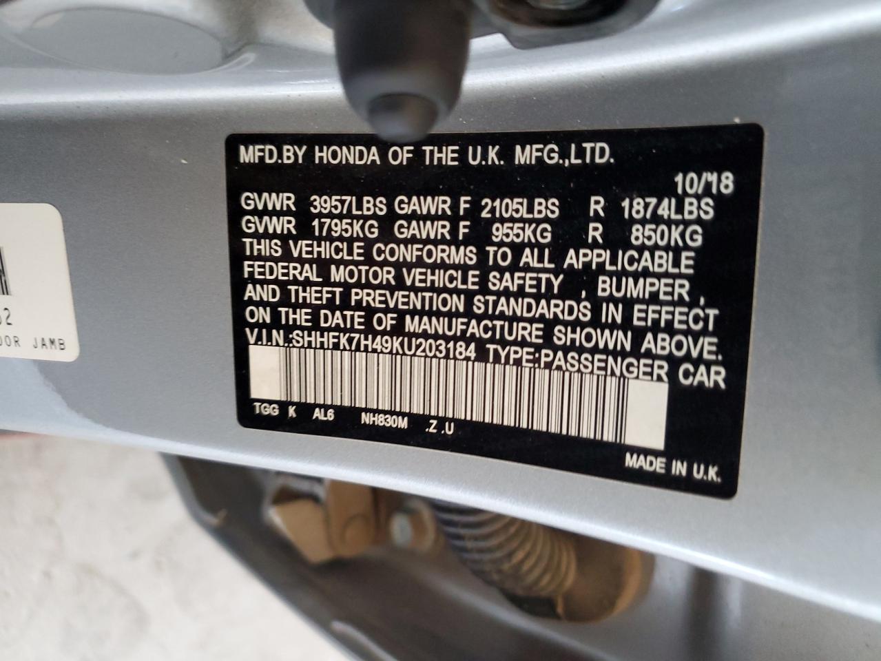 2019 Honda Civic Sport VIN: SHHFK7H49KU203184 Lot: 71800355