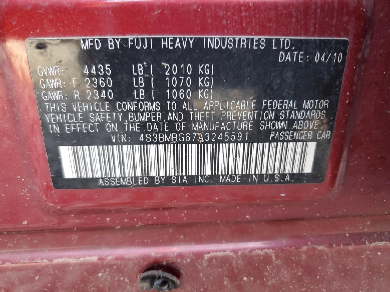 2010 Subaru Legacy 2.5I Premium VIN: 4S3BMBG67A3245591 Lot: 84353685
