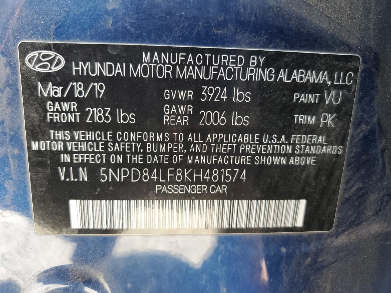 2019 Hyundai Elantra Sel VIN: 5NPD84LF8KH481574 Lot: 80658505