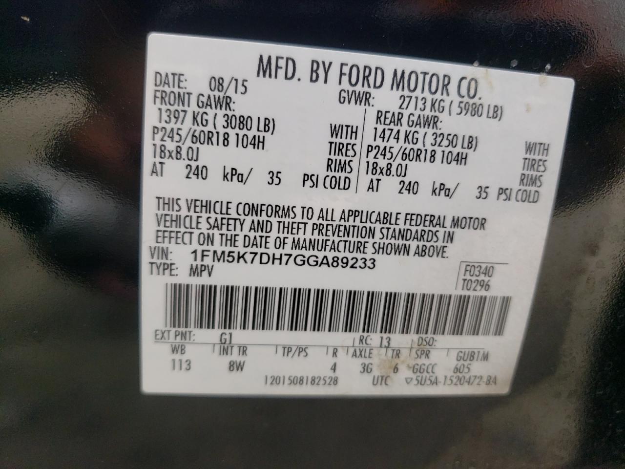 2016 Ford Explorer Xlt VIN: 1FM5K7DH7GGA89233 Lot: 80352185