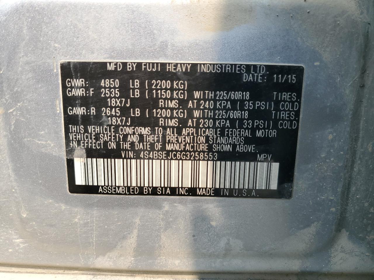 2016 Subaru Outback 3.6R Limited VIN: 4S4BSEJC6G3258553 Lot: 71720365