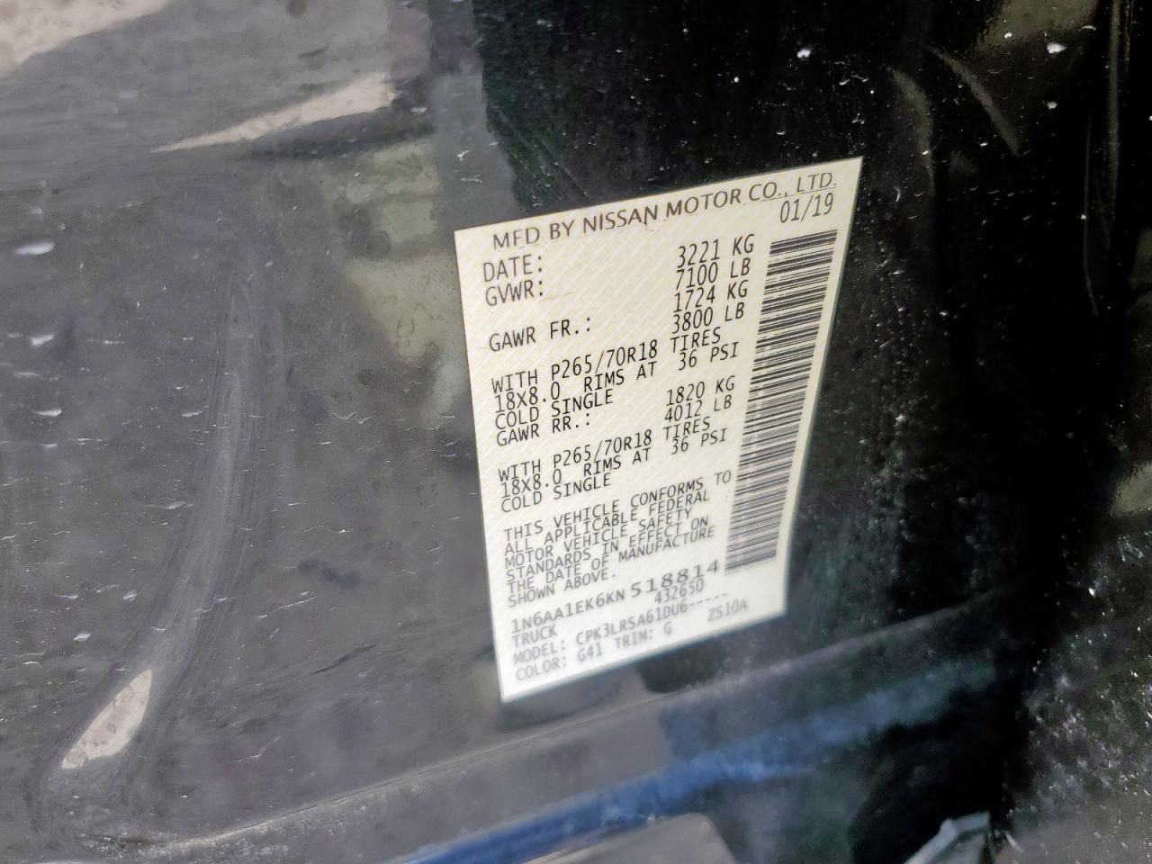 2019 Nissan Titan S VIN: 1N6AA1EK6KN518814 Lot: 83992115
