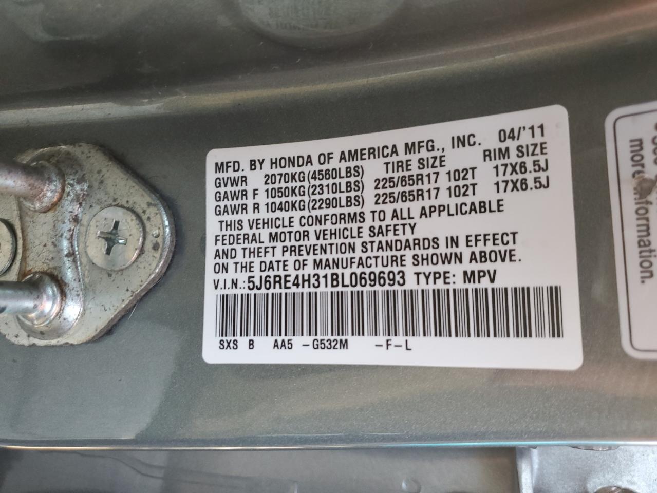 2011 Honda Cr-V Lx VIN: 5J6RE4H31BL069693 Lot: 84468005
