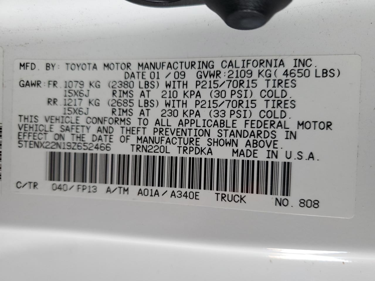 2009 Toyota Tacoma VIN: 5TENX22N19Z652466 Lot: 84808965