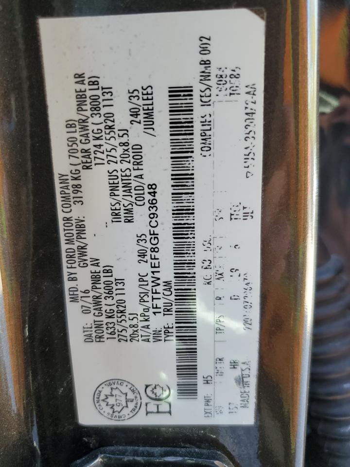 2016 Ford F150 Supercrew VIN: 1FTFW1EF8GFC93648 Lot: 80371755