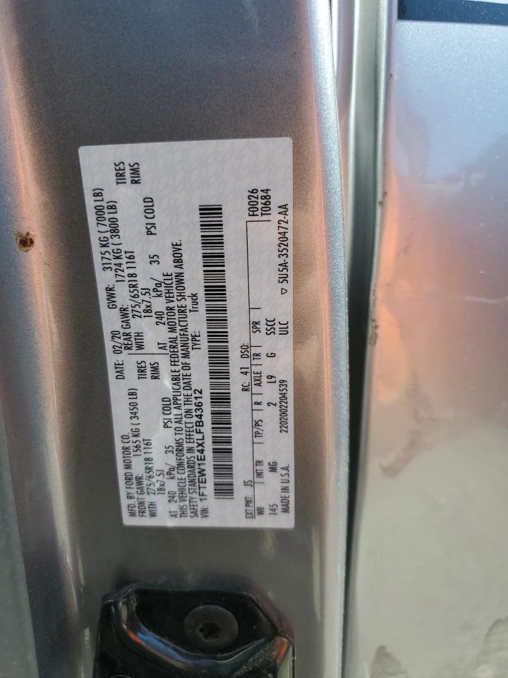 2020 Ford F150 Supercrew VIN: 1FTEW1E4XLFB43612 Lot: 84547575