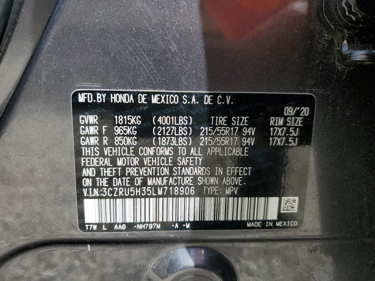 2020 Honda Hr-V Lx VIN: 3CZRU5H35LM718906 Lot: 84832745