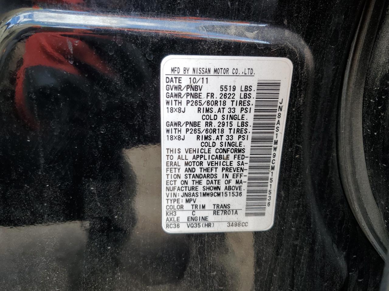2012 Infiniti Fx35 VIN: JN8AS1MW9CM151536 Lot: 84406515