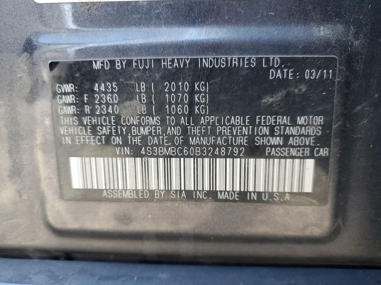 2011 Subaru Legacy 2.5I Premium VIN: 4S3BMBC60B3248792 Lot: 81472915