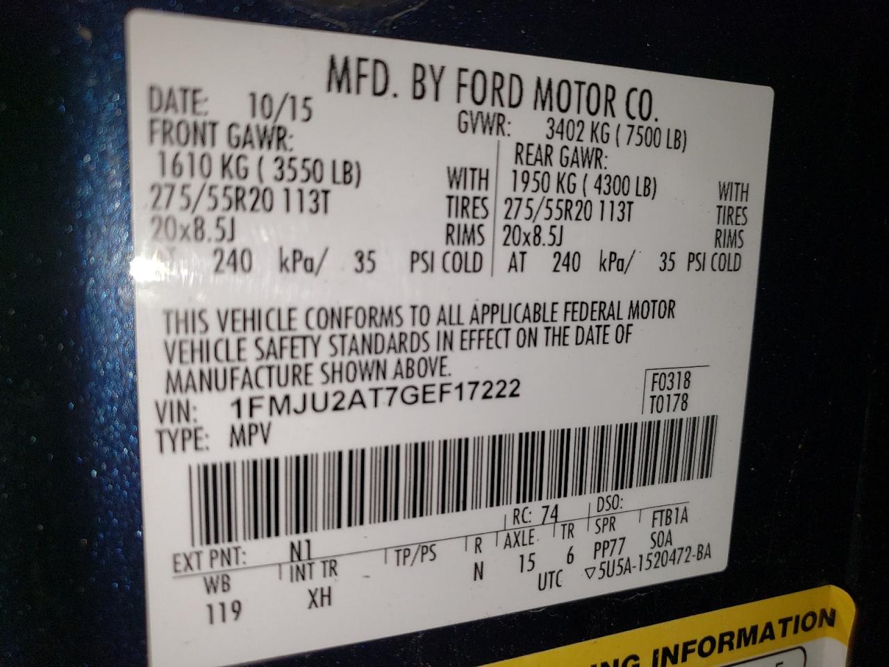 2016 Ford Expedition Limited VIN: 1FMJU2AT7GEF17222 Lot: 71294475