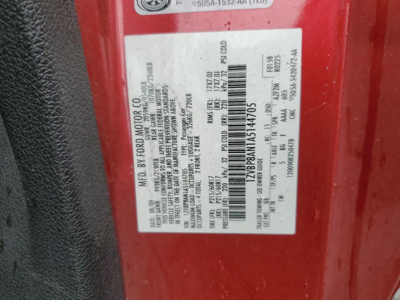 2010 Ford Mustang VIN: 1ZVBP8AN1A5144705 Lot: 81808825