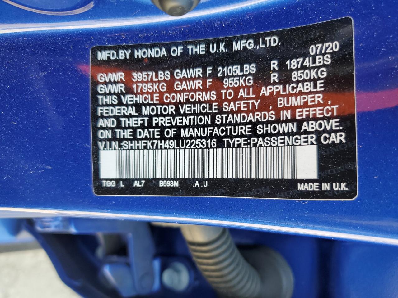 2020 Honda Civic Sport VIN: SHHFK7H49LU225316 Lot: 81224125