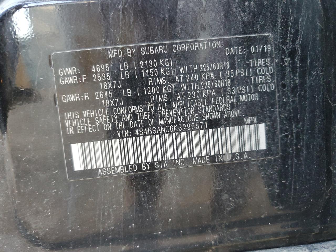 2019 Subaru Outback 2.5I Limited VIN: 4S4BSANC6K3296571 Lot: 81504645