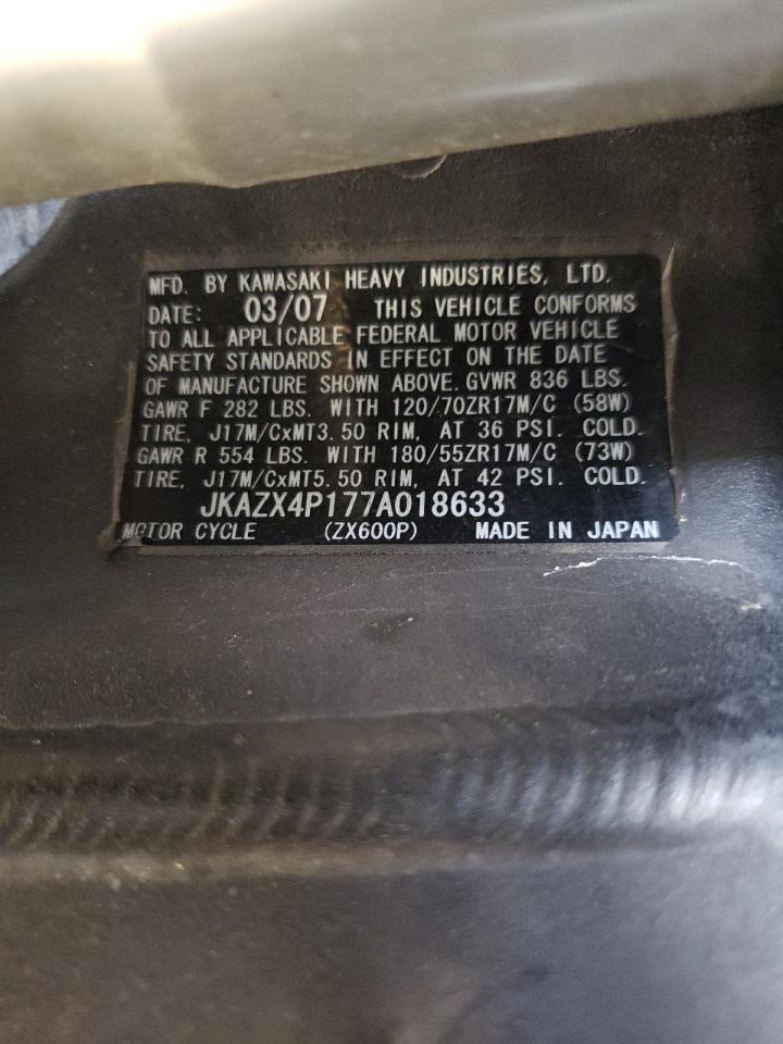 2007 Kawasaki Zx600 P VIN: JKAZX4P177A018633 Lot: 81559005
