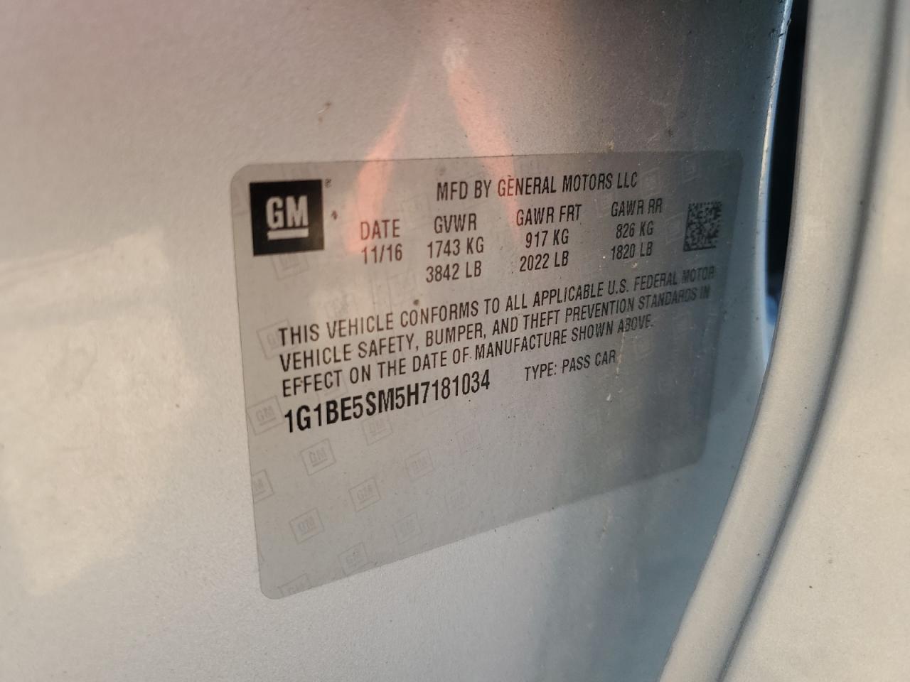 2017 Chevrolet Cruze Lt VIN: 1G1BE5SM5H7181034 Lot: 84457665