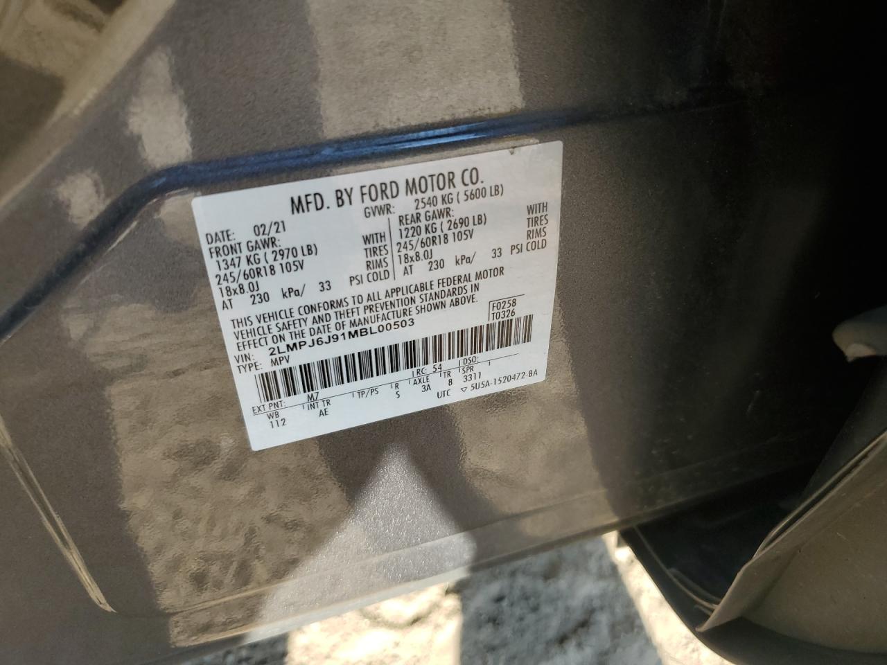 2021 Lincoln Nautilus VIN: 2LMPJ6J91MBL00503 Lot: 71724495