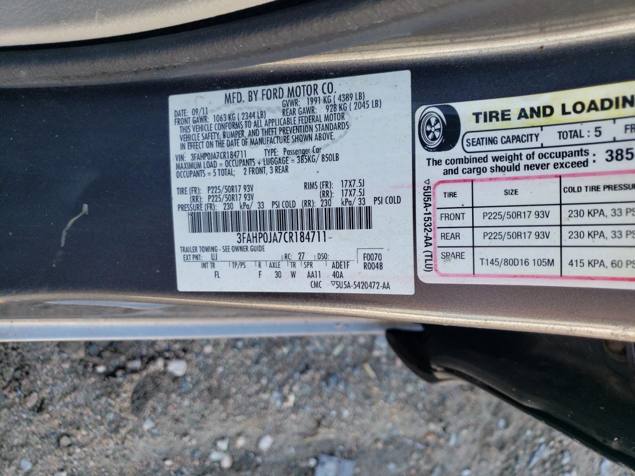 2012 Ford Fusion Sel VIN: 3FAHP0JA7CR184711 Lot: 71311825