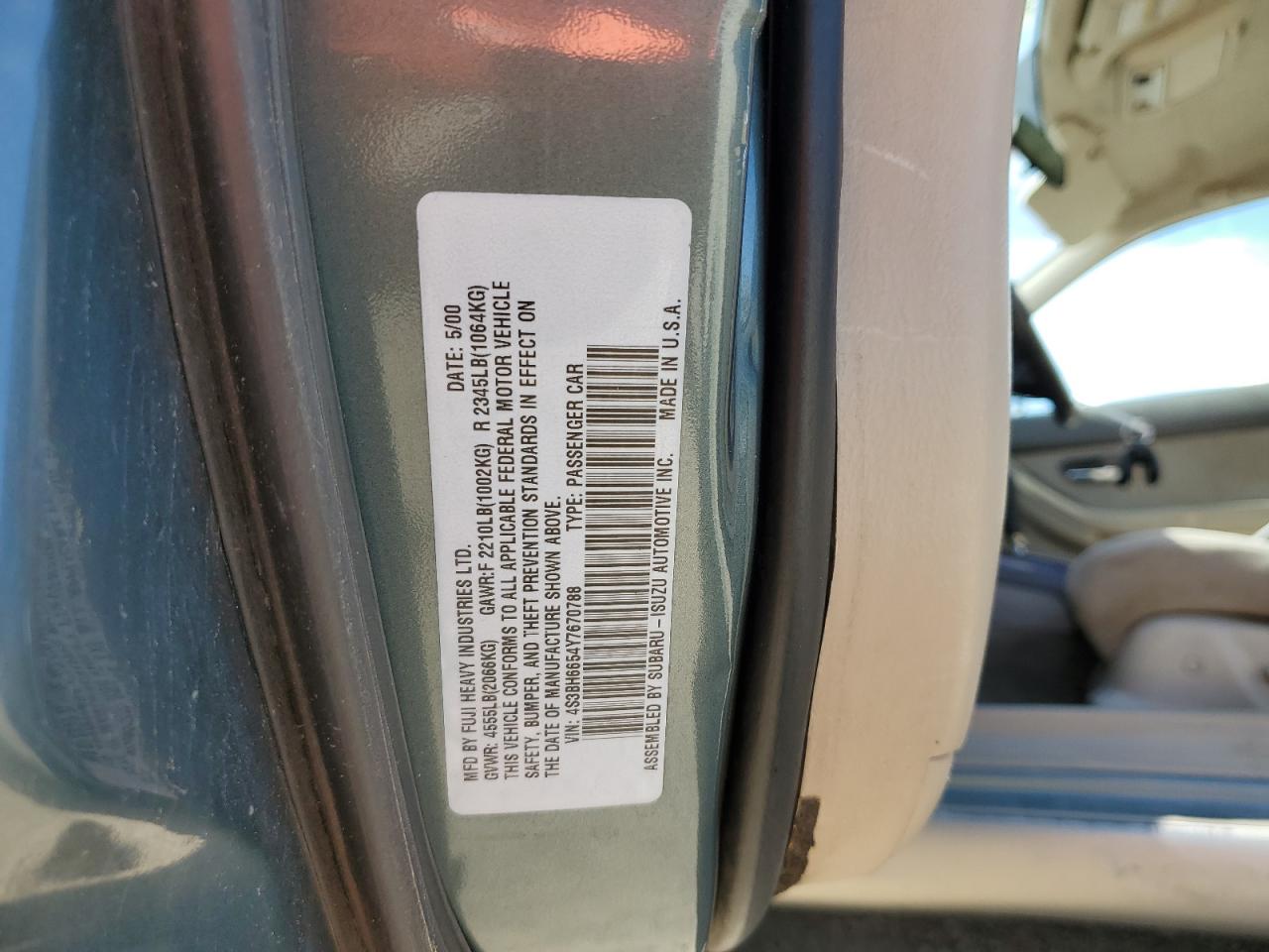 2000 Subaru Legacy Outback VIN: 4S3BH6654Y7670788 Lot: 70747385