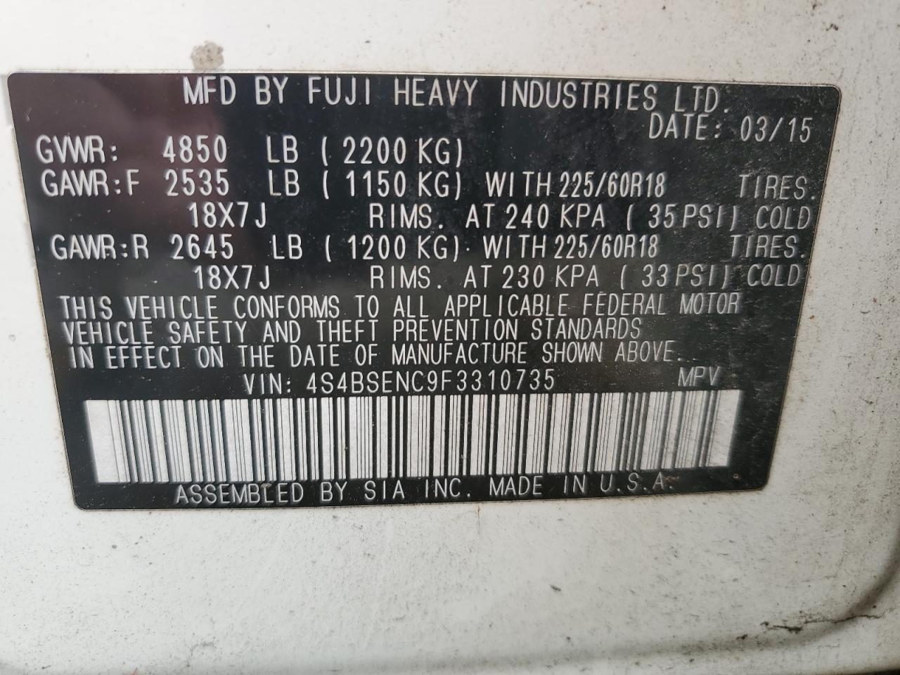 2015 Subaru Outback 3.6R Limited VIN: 4S4BSENC9F3310735 Lot: 81739945